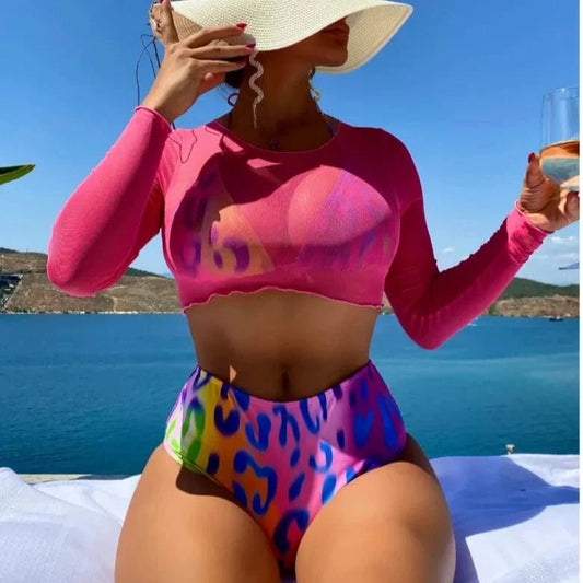 DAMOCHIC Bikini Swimsuit Long Sleeves Cover Up 3 Piece Swim Print High Waist Bathing Suit Halter Mesh Swimwear Beachwear 2024