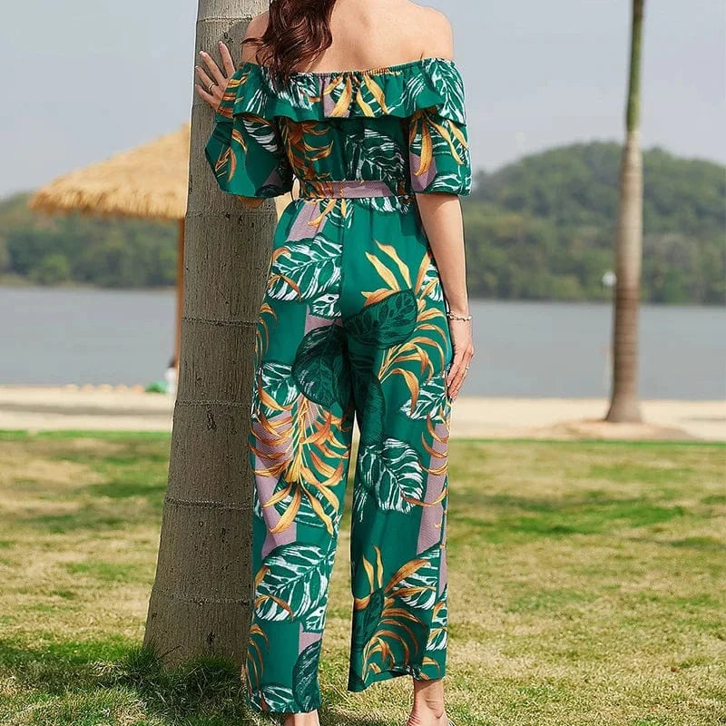 DAMOCHIC Casual Ladies Jumpsuit Strapless Elegant Long Print Jumpsuit Beach Summer Chiffon Ruffle Floral Women Jumpsuit 2023