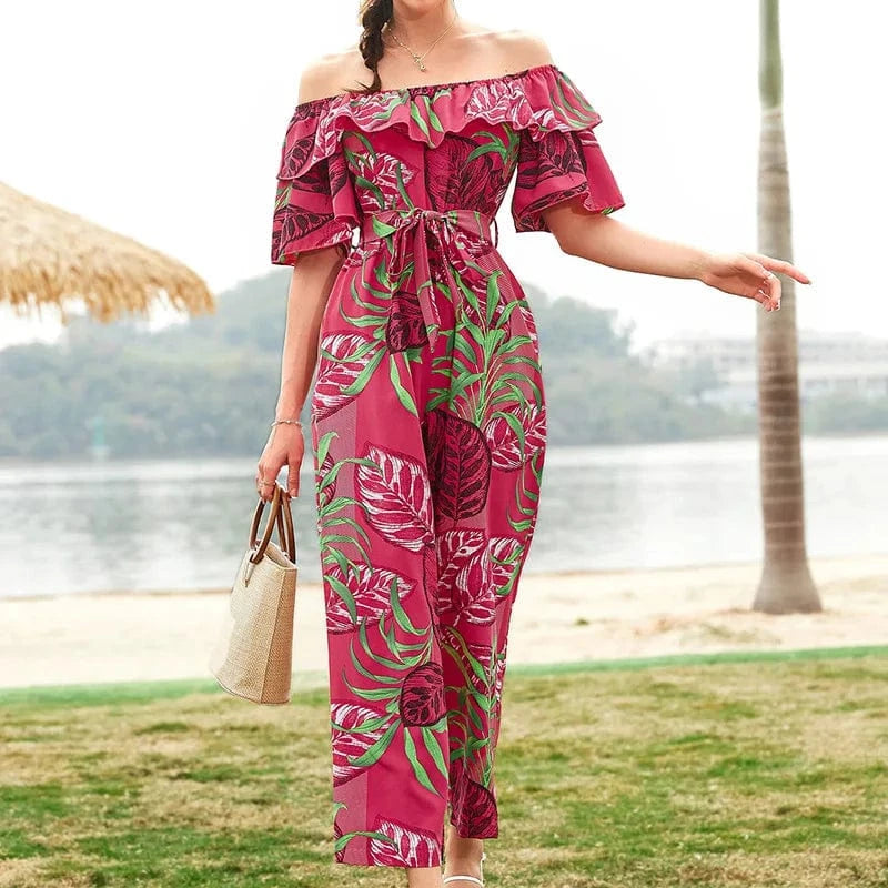 DAMOCHIC Casual Ladies Jumpsuit Strapless Elegant Long Print Jumpsuit Beach Summer Chiffon Ruffle Floral Women Jumpsuit 2023