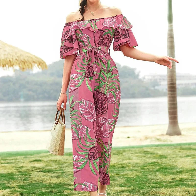 DAMOCHIC Casual Ladies Jumpsuit Strapless Elegant Long Print Jumpsuit Beach Summer Chiffon Ruffle Floral Women Jumpsuit 2023