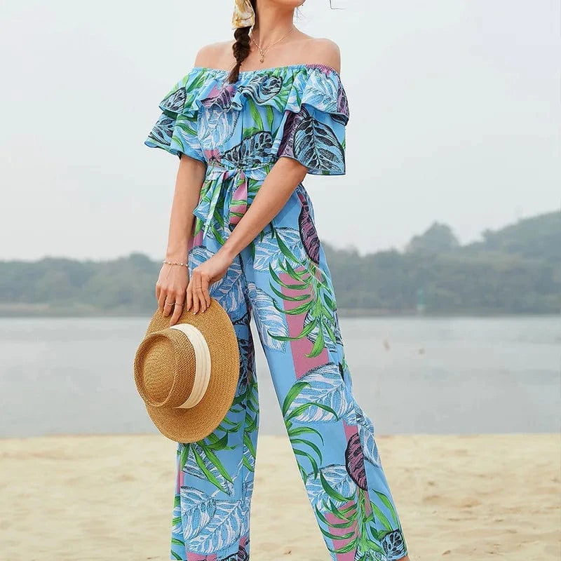 DAMOCHIC Casual Ladies Jumpsuit Strapless Elegant Long Print Jumpsuit Beach Summer Chiffon Ruffle Floral Women Jumpsuit 2023