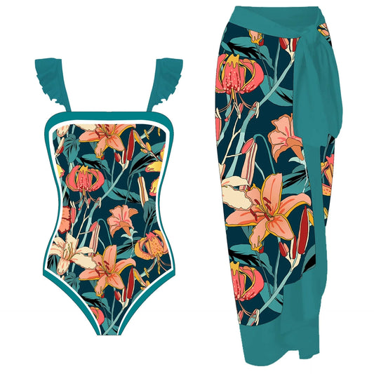DAMOCHIC China Wholesale Swimwear Clothing 1 Piece Bathing Suit with Skirt Cover Up Beachwear Floral Print Swimsuit Women 2023