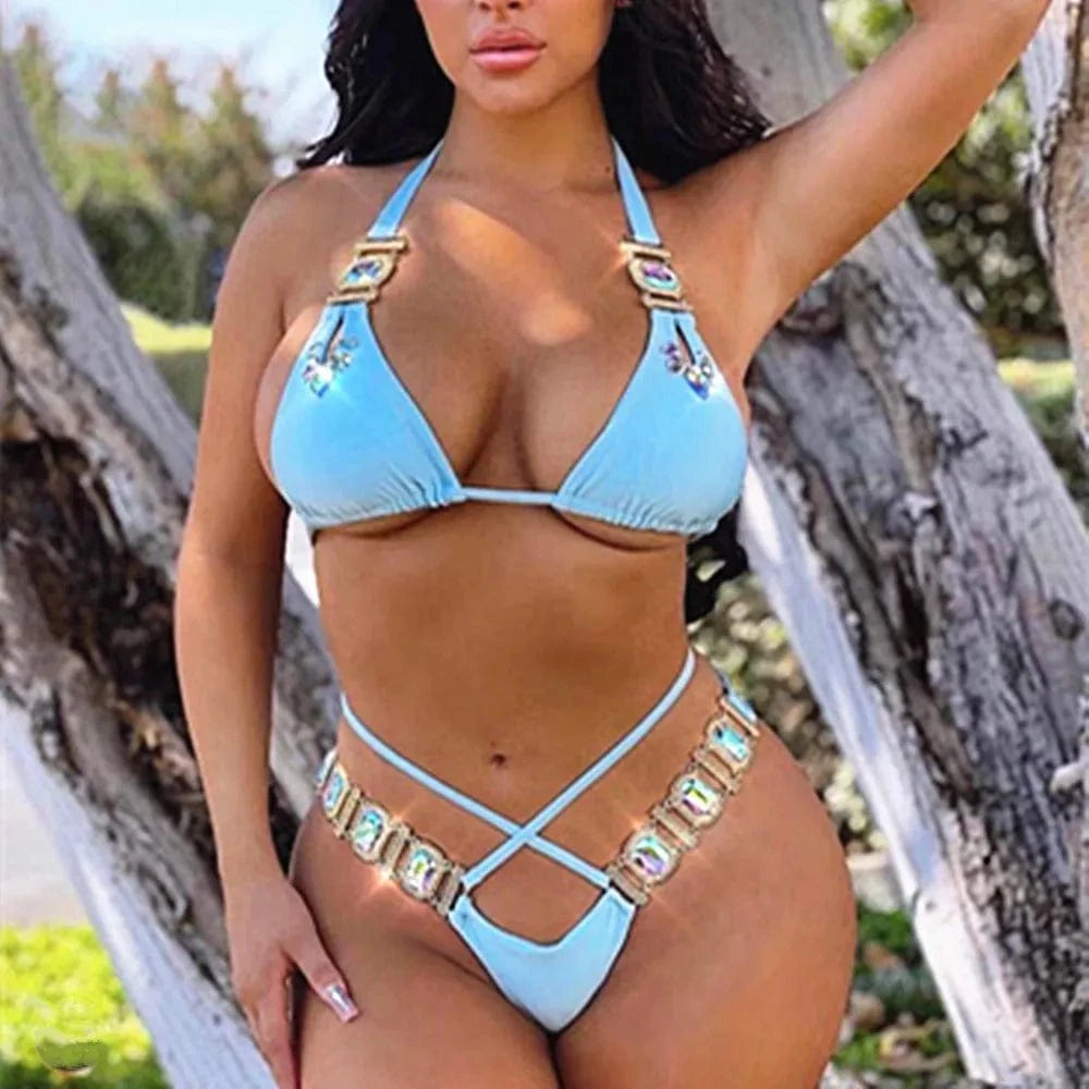 DAMOCHIC Crystal Luxury Bikini Push Up Diamond Thong Swimwear Halter Lace-Up Bandage Split Women Retro Rhinestone Swimsuit 2023