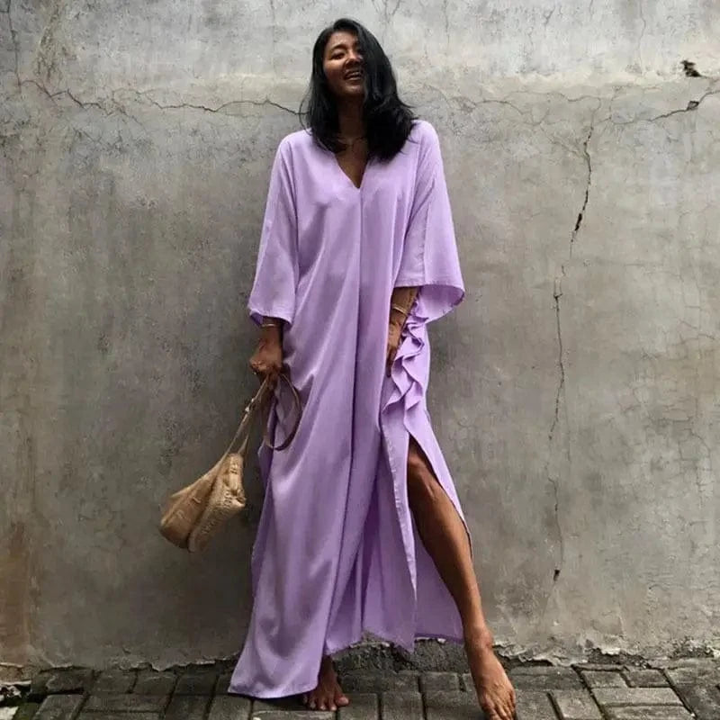 DAMOCHIC Custom Beach Cover Up Kaftan Kimono Maxi Swim Dress Solid Color Bikini V Neck Rayon Sarong Cover Up Swimwear 2023