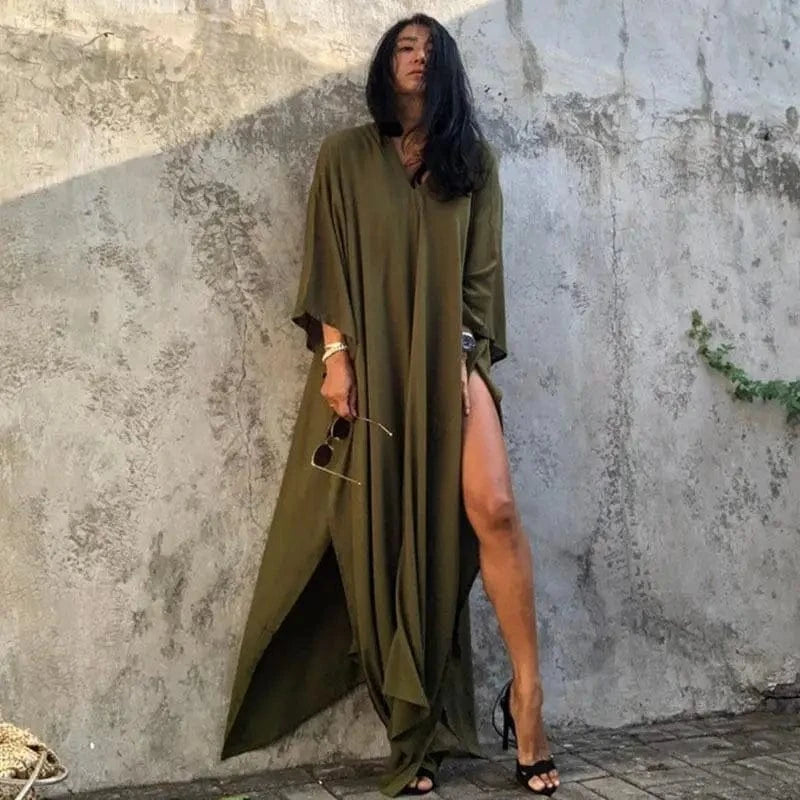 DAMOCHIC Custom Beach Cover Up Kaftan Kimono Maxi Swim Dress Solid Color Bikini V Neck Rayon Sarong Cover Up Swimwear 2023