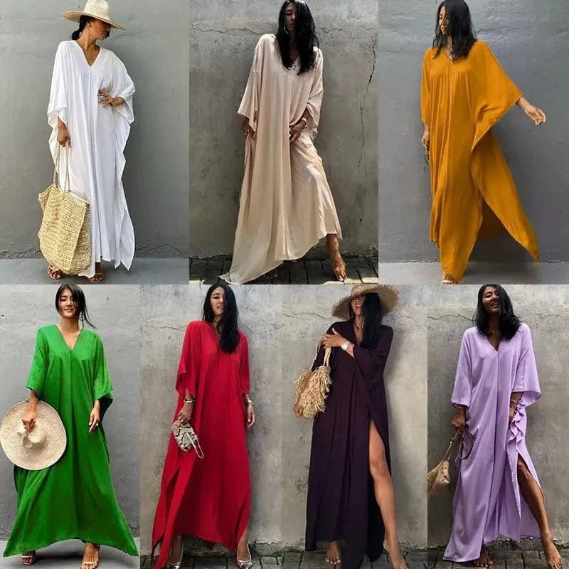 DAMOCHIC Custom Beach Cover Up Kaftan Kimono Maxi Swim Dress Solid Color Bikini V Neck Rayon Sarong Cover Up Swimwear 2023