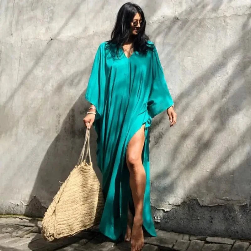 DAMOCHIC Custom Beach Cover Up Kaftan Kimono Maxi Swim Dress Solid Color Bikini V Neck Rayon Sarong Cover Up Swimwear 2023