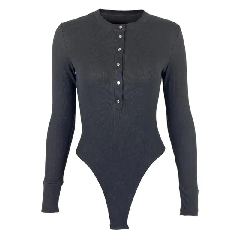 DAMOCHIC Custom Bodysuits Feminino Front Buttons High Leg Slim Fit Female Bodysuit Thong Fall Long Sleeve Ribbed Bodysuits