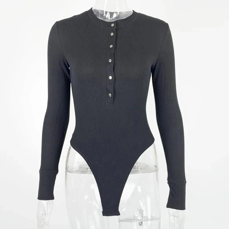 DAMOCHIC Custom Bodysuits Feminino Front Buttons High Leg Slim Fit Female Bodysuit Thong Fall Long Sleeve Ribbed Bodysuits