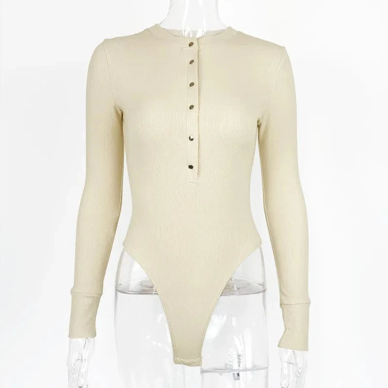 DAMOCHIC Custom Bodysuits Feminino Front Buttons High Leg Slim Fit Female Bodysuit Thong Fall Long Sleeve Ribbed Bodysuits