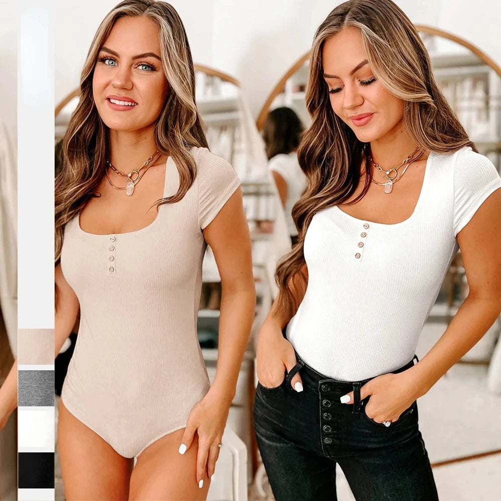 DAMOCHIC Custom Logo Knit Ribbed Bodysuit Women Short Sleeve Solid Playsuit Scoop Neck Button Fashion Short Thong Bodysuit 2023