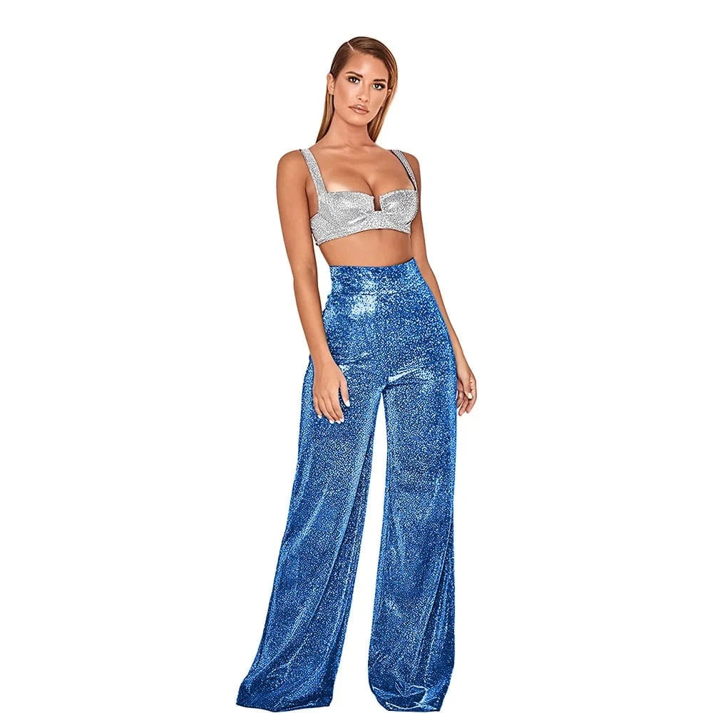 DAMOCHIC Custom Logo Wide Legged Women Pants Red Sequin Trousers for Ladies High Waist Loose Back Zipper Wholesale Palazzo Pants