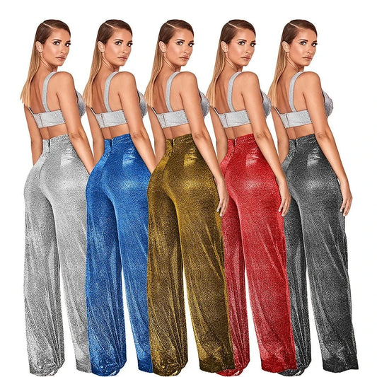 DAMOCHIC Custom Logo Wide Legged Women Pants Red Sequin Trousers for Ladies High Waist Loose Back Zipper Wholesale Palazzo Pants
