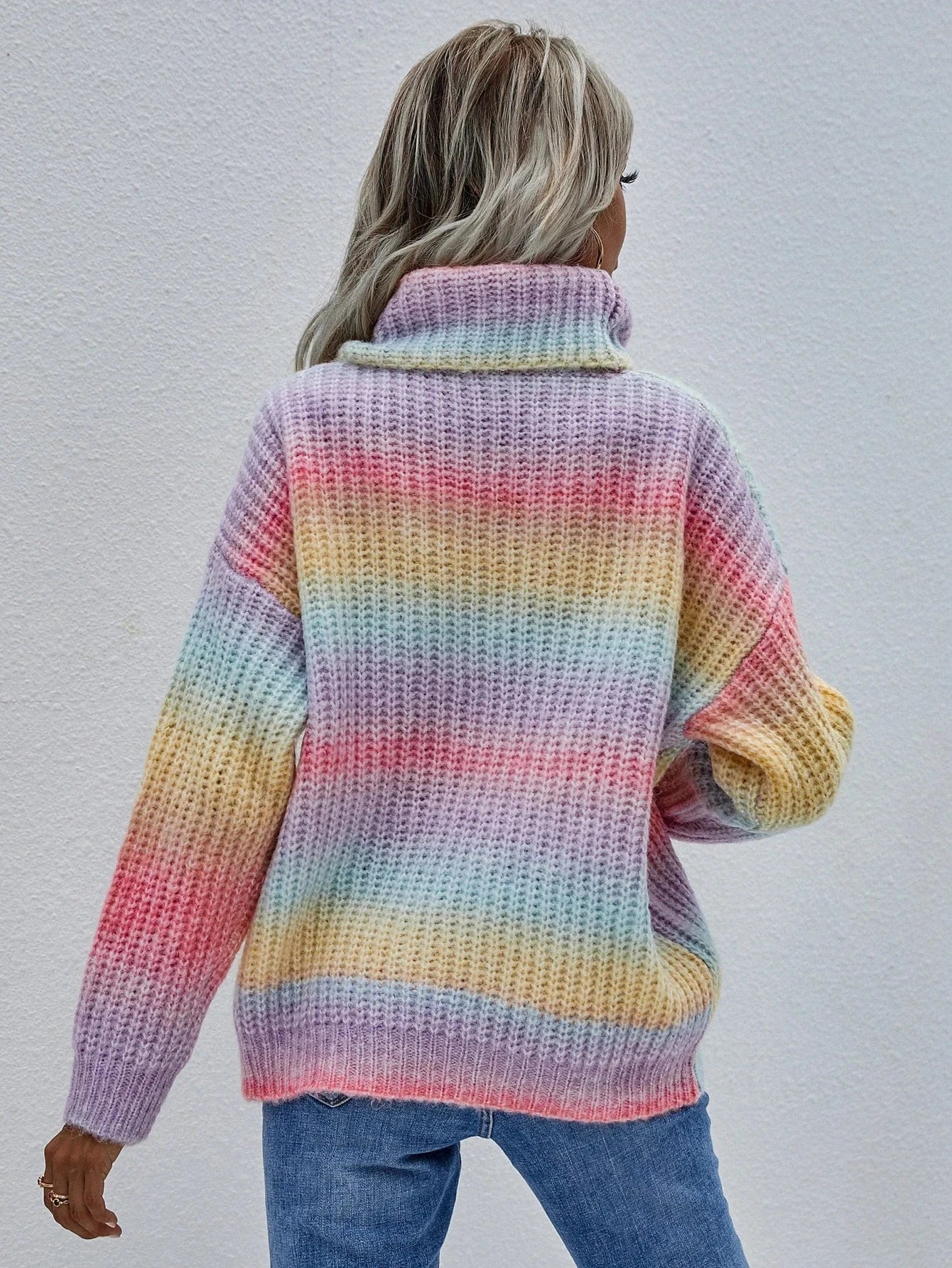 DAMOCHIC Custom Logo Women Knit Sweater Fall Pullover Colorful Rainbow High Collar Cheap Winter Knitted Sweater Tops