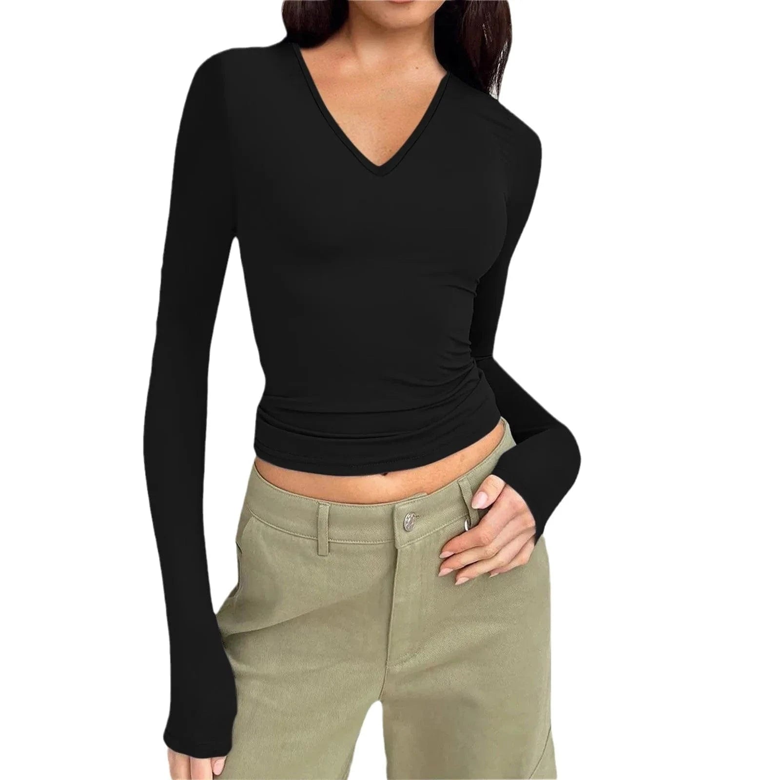 DAMOCHIC Custom Long Sleeve T-Shirt Fall Women Pullover Winter Ladies Tops Solid Color V Neck Slim Fit Basic T-Shirt Women 2023