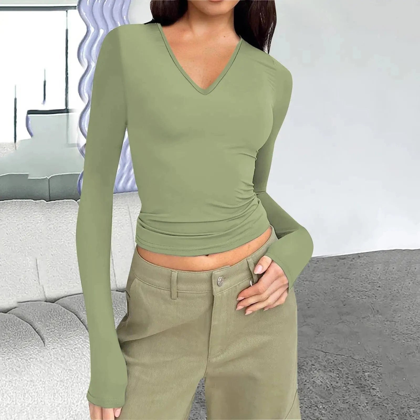 DAMOCHIC Custom Long Sleeve T-Shirt Fall Women Pullover Winter Ladies Tops Solid Color V Neck Slim Fit Basic T-Shirt Women 2023