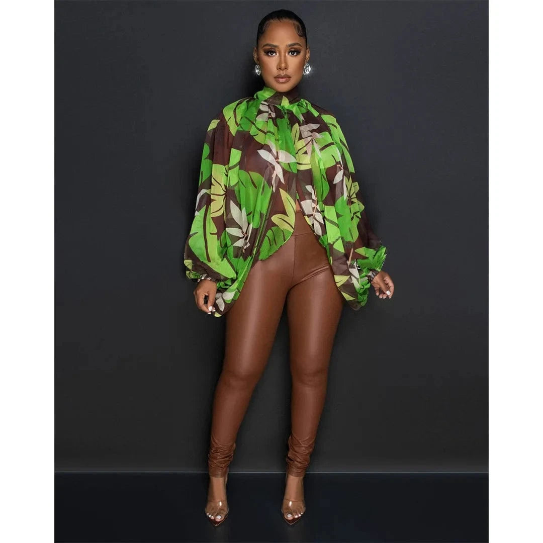 DAMOCHIC Elegant Print Blouse Shirt Ladies Batwing Sleeve Fall High Neck Lace Up Open Back Tops Female Chiffon Blouse Women 2023