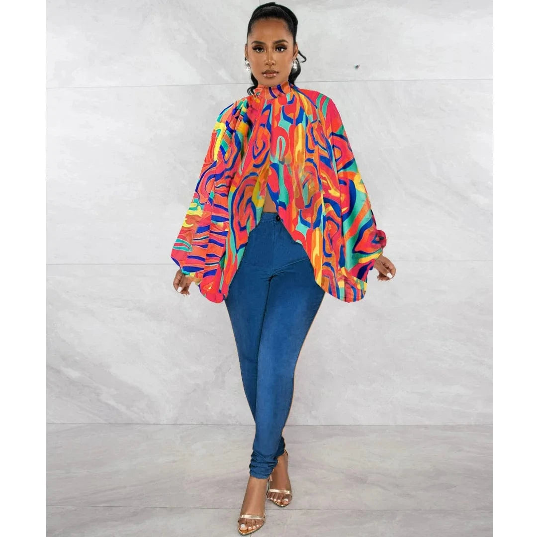 DAMOCHIC Elegant Print Blouse Shirt Ladies Batwing Sleeve Fall High Neck Lace Up Open Back Tops Female Chiffon Blouse Women 2023