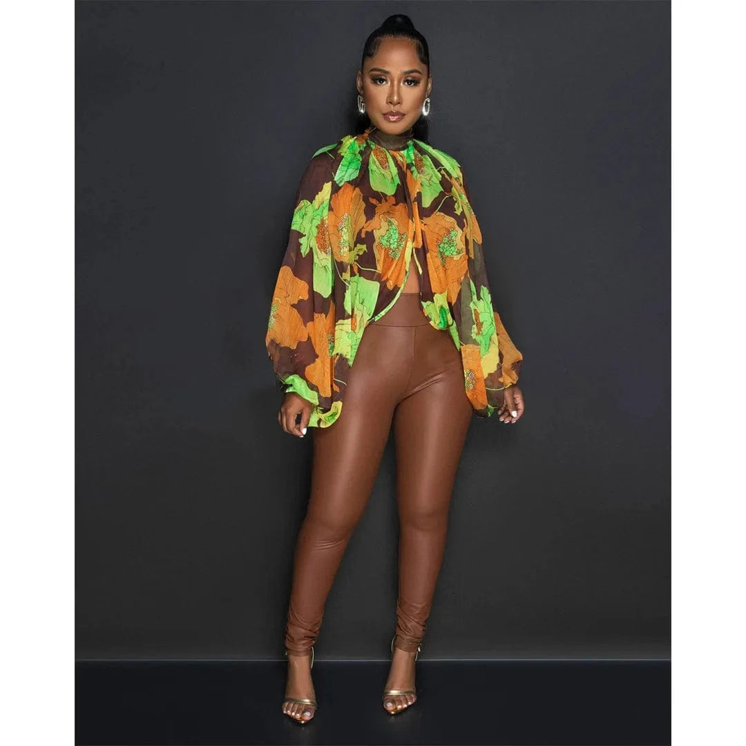 DAMOCHIC Elegant Print Blouse Shirt Ladies Batwing Sleeve Fall High Neck Lace Up Open Back Tops Female Chiffon Blouse Women 2023