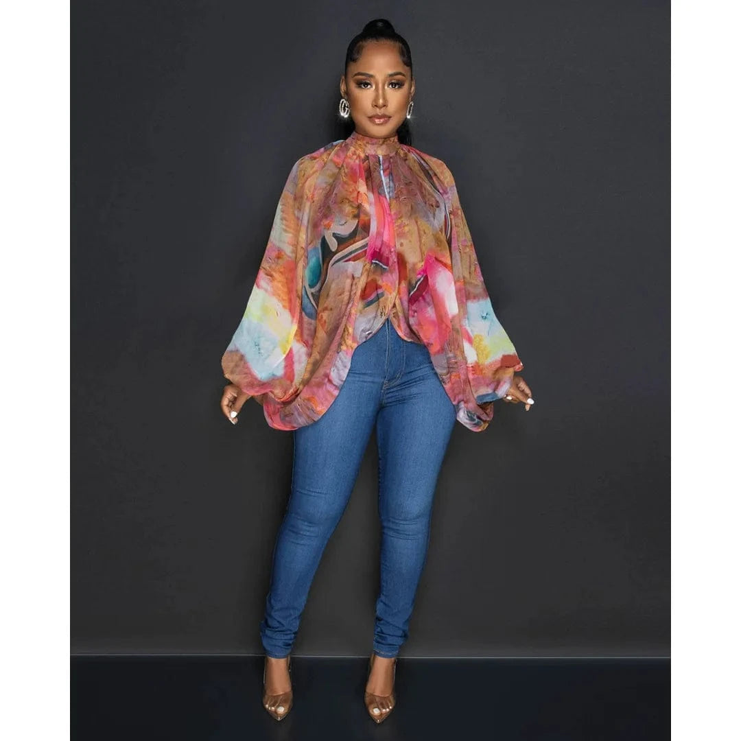 DAMOCHIC Elegant Print Blouse Shirt Ladies Batwing Sleeve Fall High Neck Lace Up Open Back Tops Female Chiffon Blouse Women 2023