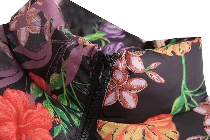 DAMOCHIC Fashion Garden Flowers Printed Cotton Jacket Warm Tops Casual Puffy Jacket Custom Logo Zipper Stand Collar Puffer Coats
