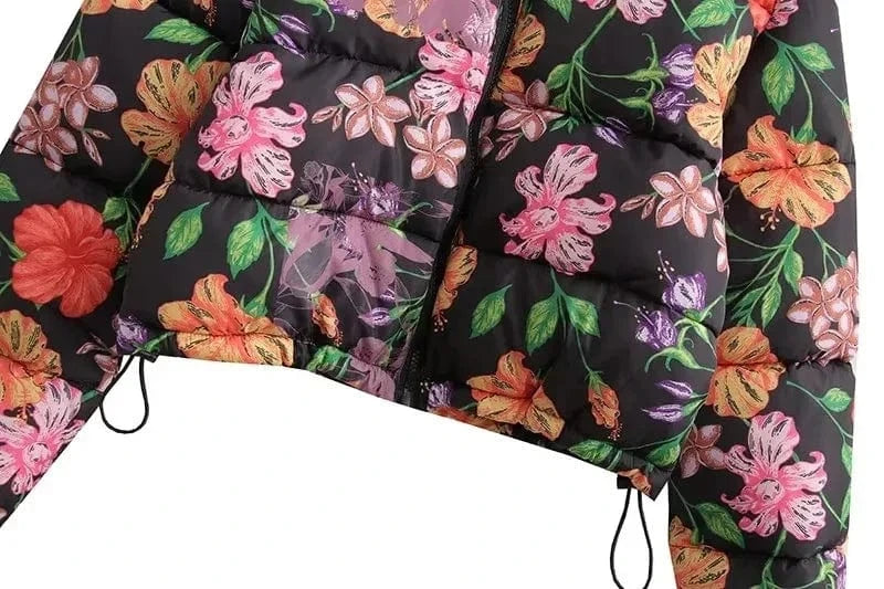 DAMOCHIC Fashion Garden Flowers Printed Cotton Jacket Warm Tops Casual Puffy Jacket Custom Logo Zipper Stand Collar Puffer Coats