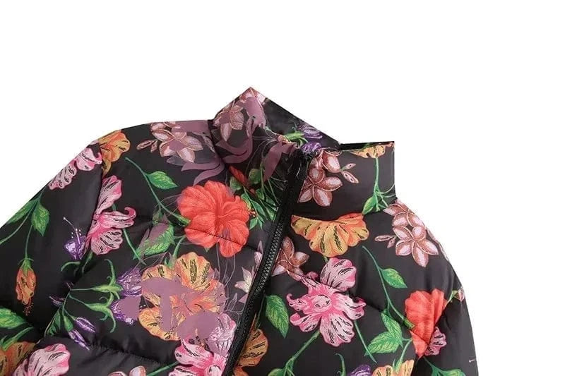 DAMOCHIC Fashion Garden Flowers Printed Cotton Jacket Warm Tops Casual Puffy Jacket Custom Logo Zipper Stand Collar Puffer Coats