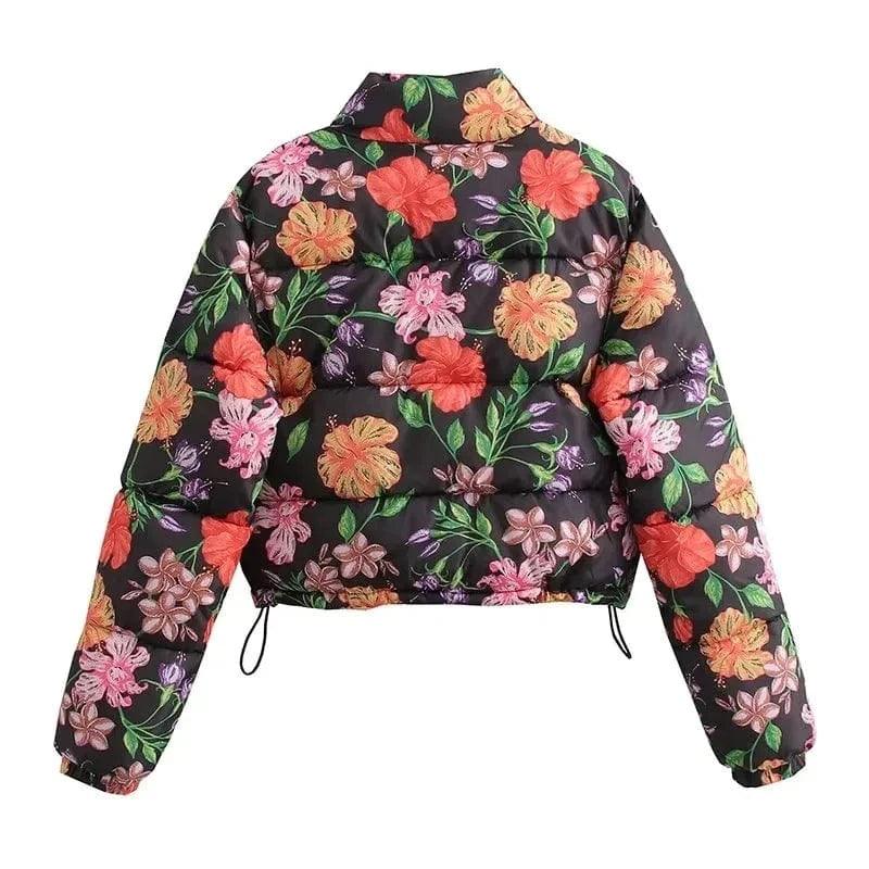 DAMOCHIC Fashion Garden Flowers Printed Cotton Jacket Warm Tops Casual Puffy Jacket Custom Logo Zipper Stand Collar Puffer Coats