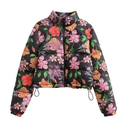DAMOCHIC Fashion Garden Flowers Printed Cotton Jacket Warm Tops Casual Puffy Jacket Custom Logo Zipper Stand Collar Puffer Coats