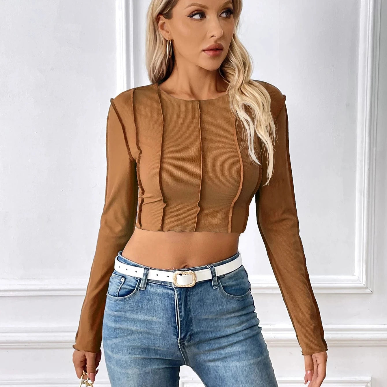 DAMOCHIC Fashionable Winter T Shirt for Women Slim Fit Fall Long Sleeves Trendy Tops New Knitted Warm Skinny Crop Tops Tshirts