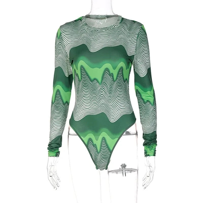 DAMOCHIC Fits Everybody Long Sleeve Crew Neck Bodysuit Green Printed Women Jumpsuit Tops Slim Fall Basic Thong Back Bodysuit