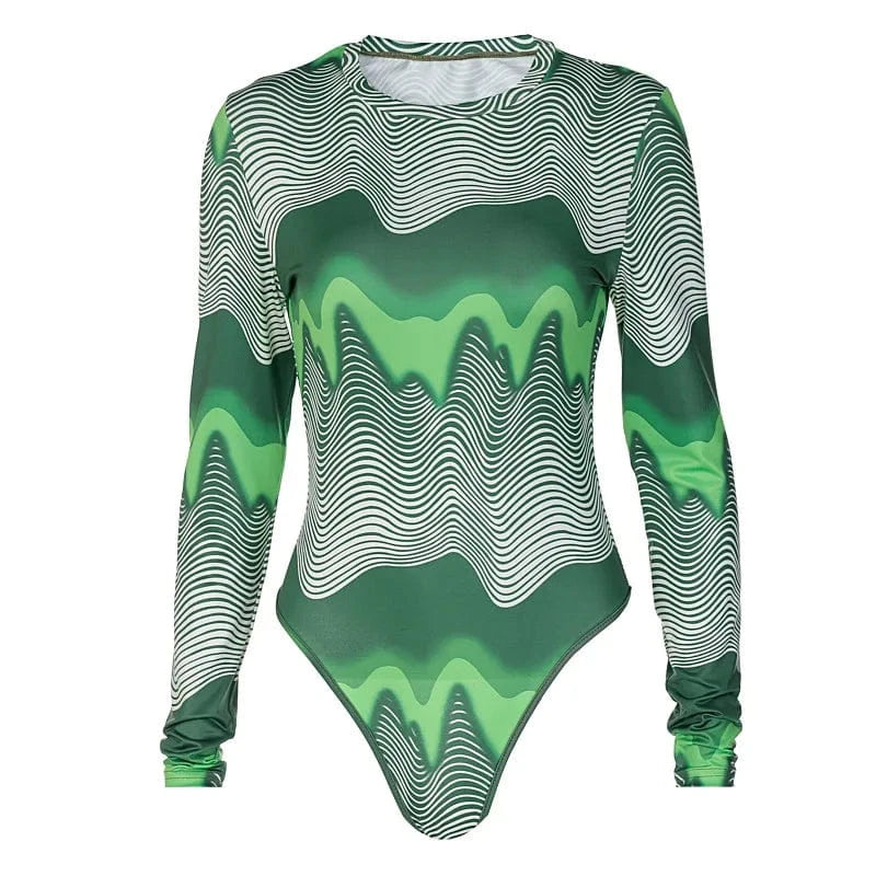 DAMOCHIC Fits Everybody Long Sleeve Crew Neck Bodysuit Green Printed Women Jumpsuit Tops Slim Fall Basic Thong Back Bodysuit