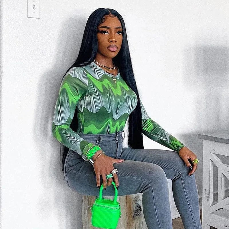 DAMOCHIC Fits Everybody Long Sleeve Crew Neck Bodysuit Green Printed Women Jumpsuit Tops Slim Fall Basic Thong Back Bodysuit