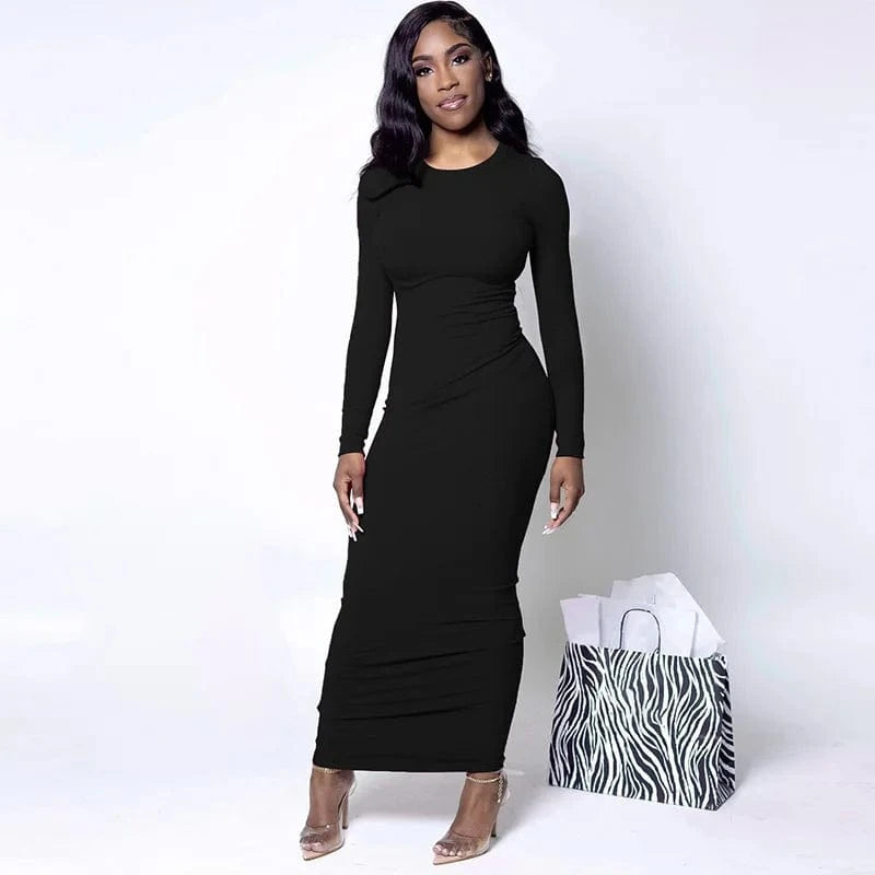 DAMOCHIC Fitting full sleeve long women Dress latest design black maxi dresses slim fit crew neck ladies sexy bodycon dress 2024