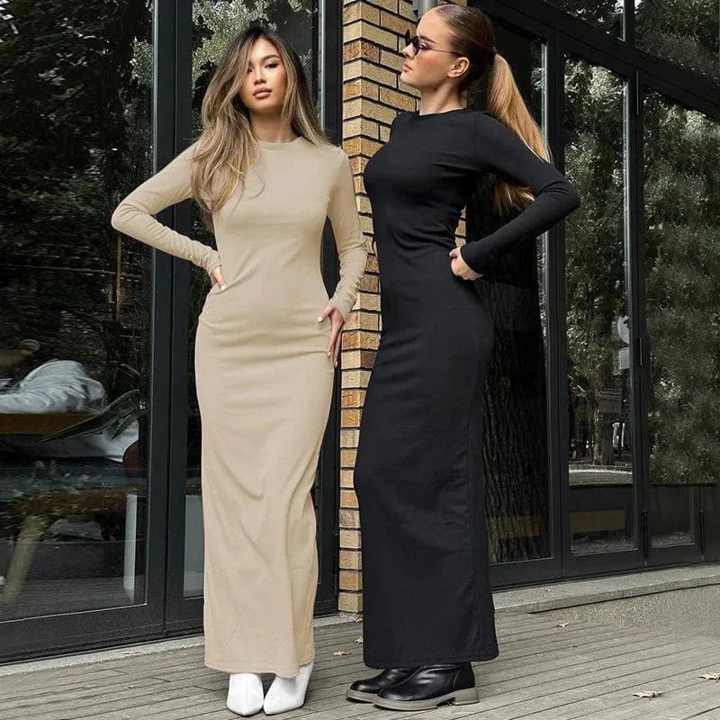 DAMOCHIC Fitting full sleeve long women Dress latest design black maxi dresses slim fit crew neck ladies sexy bodycon dress 2024