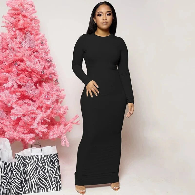 DAMOCHIC Fitting full sleeve long women Dress latest design black maxi dresses slim fit crew neck ladies sexy bodycon dress 2024