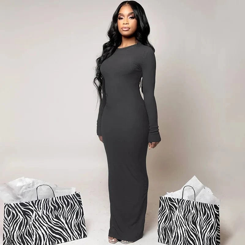 DAMOCHIC Fitting full sleeve long women Dress latest design black maxi dresses slim fit crew neck ladies sexy bodycon dress 2024