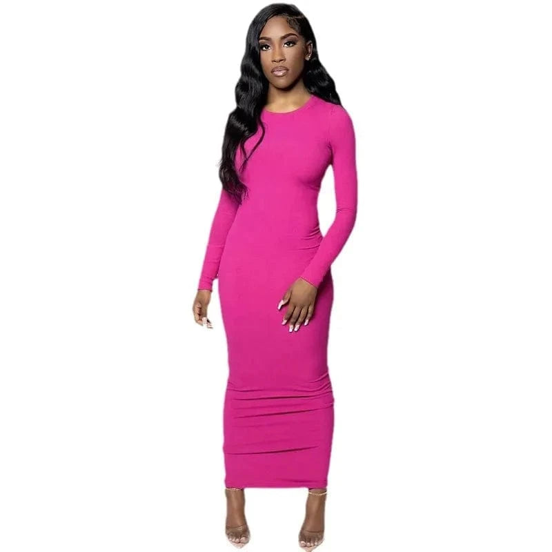 DAMOCHIC Fitting full sleeve long women Dress latest design black maxi dresses slim fit crew neck ladies sexy bodycon dress 2024