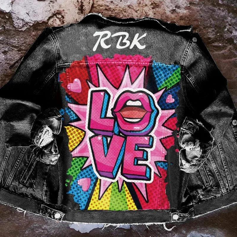 DAMOCHIC Letter Print Women Winter Coats Denim Casual Fall Jackets Tops Love Pattern Long Sleeves Pockets Jean Jacket for Ladies