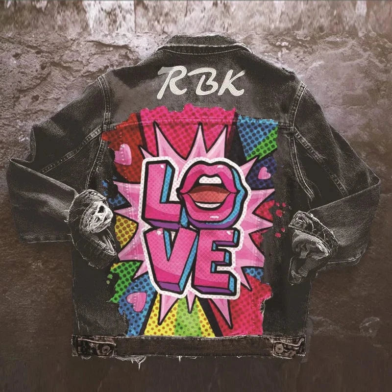 DAMOCHIC Letter Print Women Winter Coats Denim Casual Fall Jackets Tops Love Pattern Long Sleeves Pockets Jean Jacket for Ladies