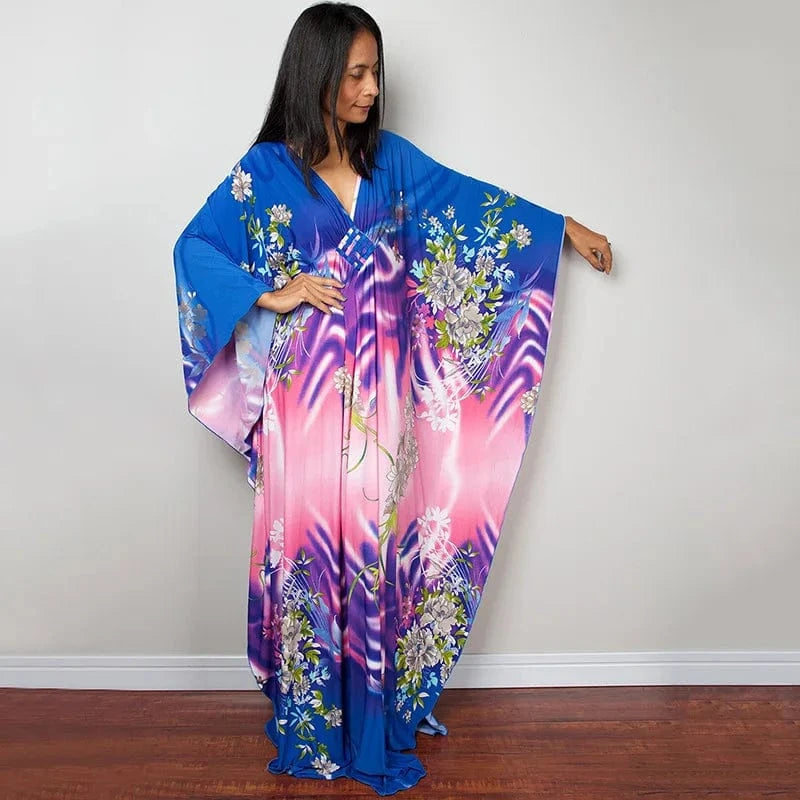 DAMOCHIC Luxury Beach Kaftan Cover Up Dress Swimsuit Ladies Loose Long Dresses Bat Sleeve Colorful Print Maxi Beach Dress 2023