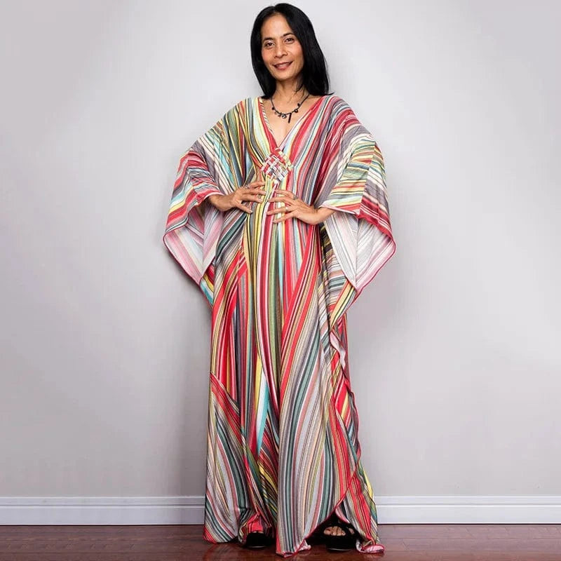 DAMOCHIC Luxury Beach Kaftan Cover Up Dress Swimsuit Ladies Loose Long Dresses Bat Sleeve Colorful Print Maxi Beach Dress 2023