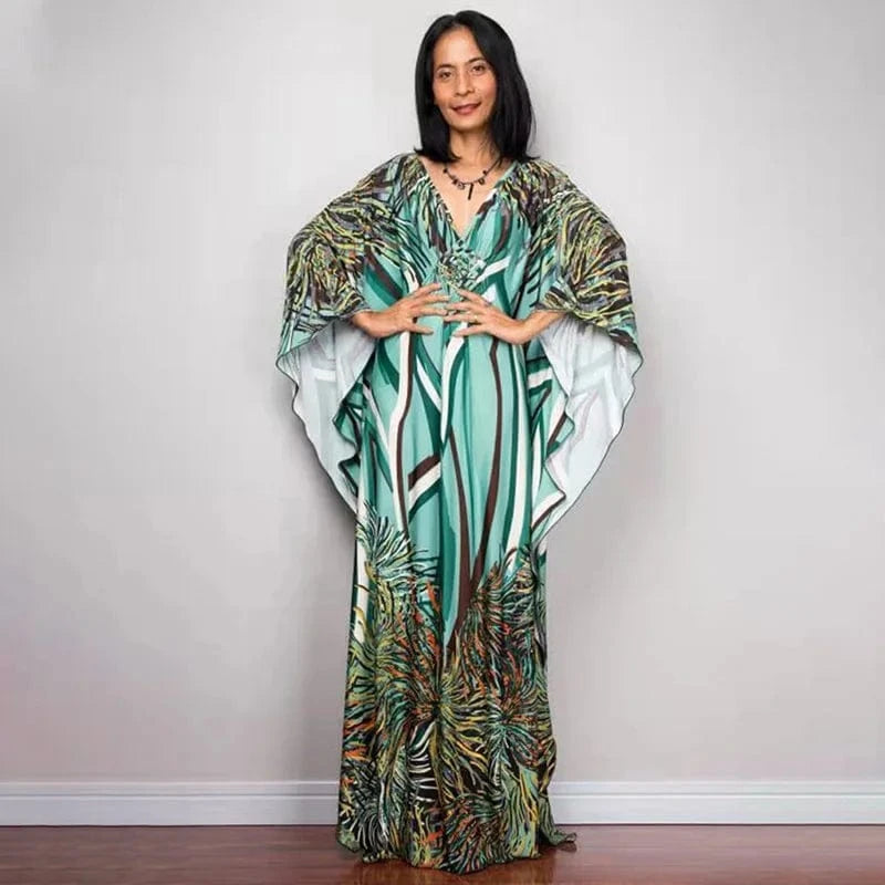 DAMOCHIC Luxury Beach Kaftan Cover Up Dress Swimsuit Ladies Loose Long Dresses Bat Sleeve Colorful Print Maxi Beach Dress 2023