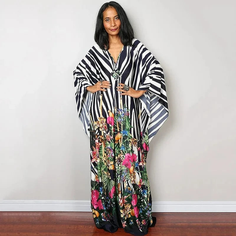 DAMOCHIC Luxury Beach Kaftan Cover Up Dress Swimsuit Ladies Loose Long Dresses Bat Sleeve Colorful Print Maxi Beach Dress 2023