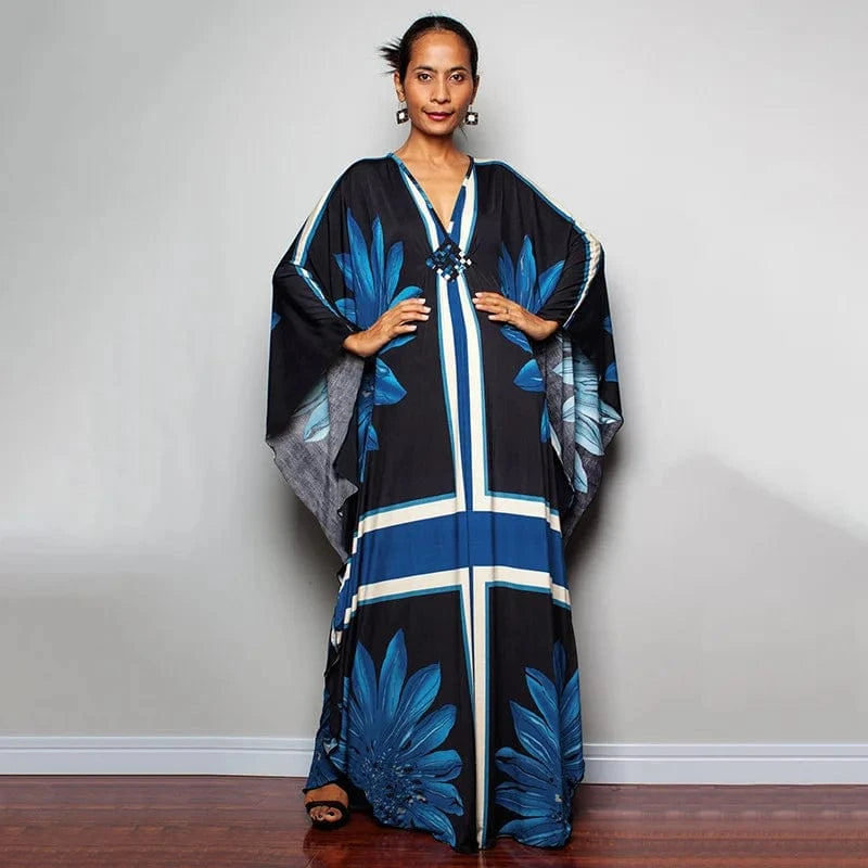 DAMOCHIC Luxury Beach Kaftan Cover Up Dress Swimsuit Ladies Loose Long Dresses Bat Sleeve Colorful Print Maxi Beach Dress 2023
