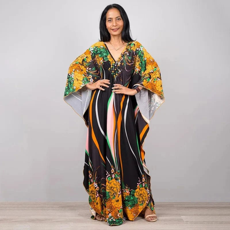 DAMOCHIC Luxury Beach Kaftan Cover Up Dress Swimsuit Ladies Loose Long Dresses Bat Sleeve Colorful Print Maxi Beach Dress 2023