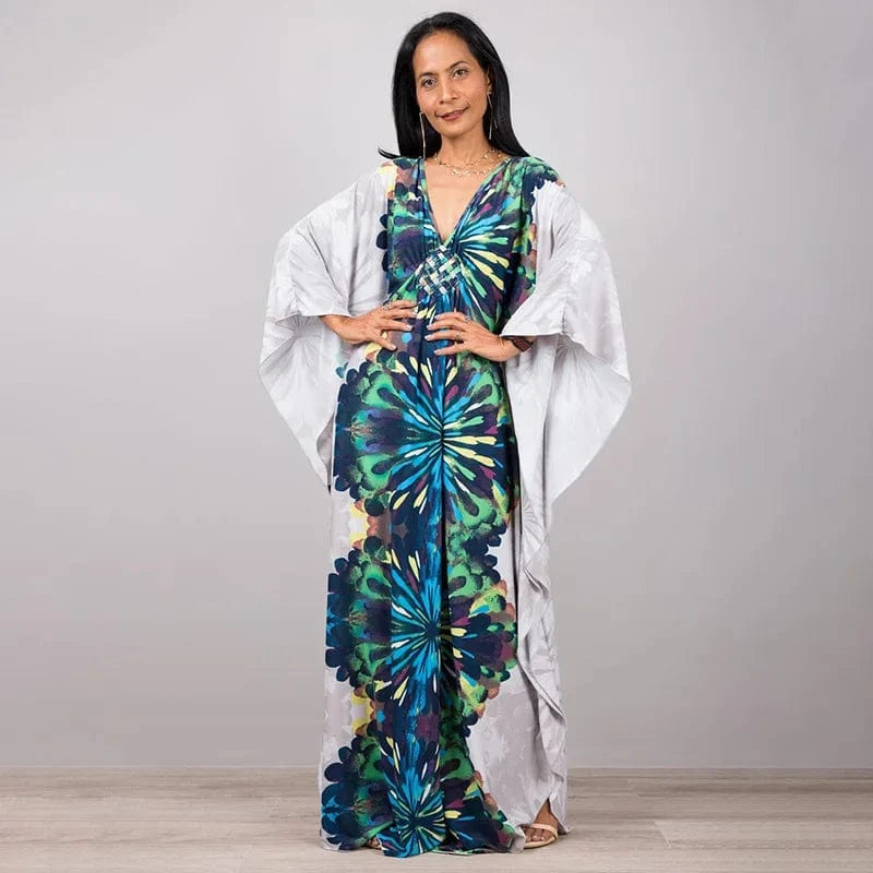 DAMOCHIC Luxury Beach Kaftan Cover Up Dress Swimsuit Ladies Loose Long Dresses Bat Sleeve Colorful Print Maxi Beach Dress 2023