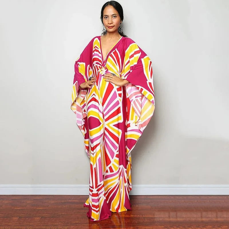 DAMOCHIC Luxury Beach Kaftan Cover Up Dress Swimsuit Ladies Loose Long Dresses Bat Sleeve Colorful Print Maxi Beach Dress 2023