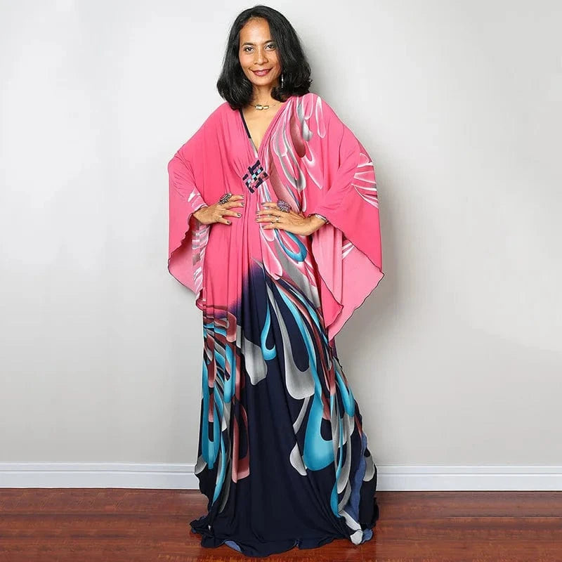 DAMOCHIC Luxury Beach Kaftan Cover Up Dress Swimsuit Ladies Loose Long Dresses Bat Sleeve Colorful Print Maxi Beach Dress 2023