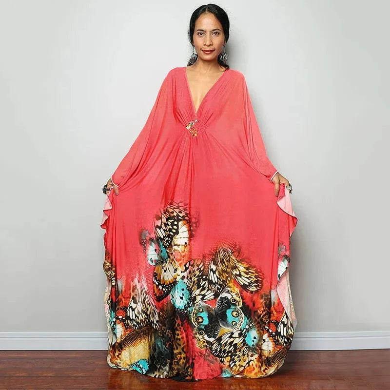 DAMOCHIC Luxury Beach Kaftan Cover Up Dress Swimsuit Ladies Loose Long Dresses Bat Sleeve Colorful Print Maxi Beach Dress 2023